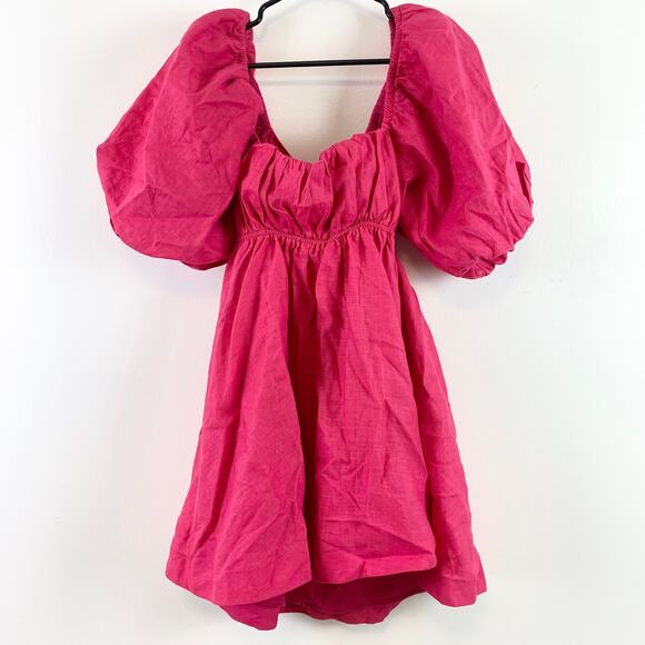 Showpo. Amalie The Label Hamyya Linen Tie Back Puff Sleeve Mini Dress Magenta-2 - Picture 6 of 8